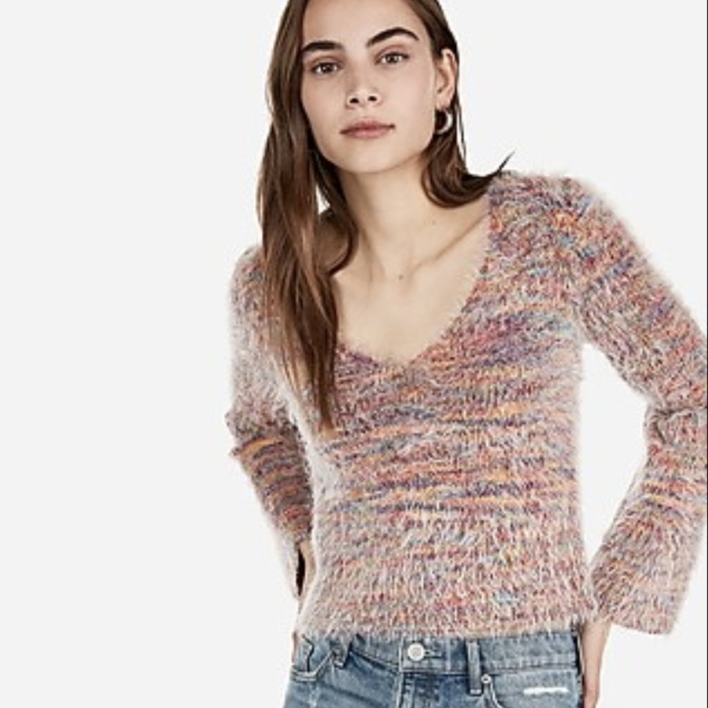 Express Rainbow Textured V-neck Flare Sleeve Sweater - Picture 1 of 5